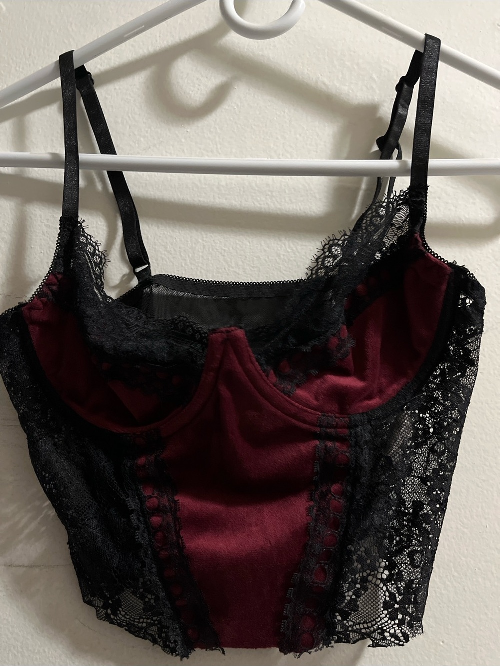 Cut up Burgundy and Black Lace corset top -size S